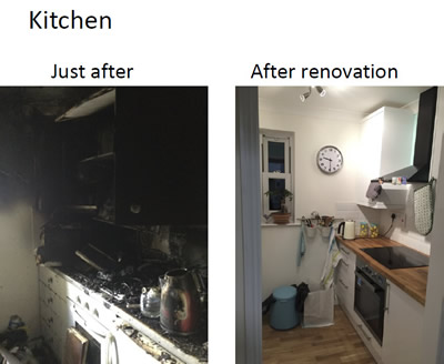 Photo of fire damaged kitchen after restoration, Bromley, Kent.